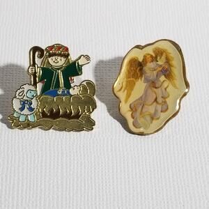 Two lapel pins angel w/ dove Baby Jesus w/ shepherd boy 1"